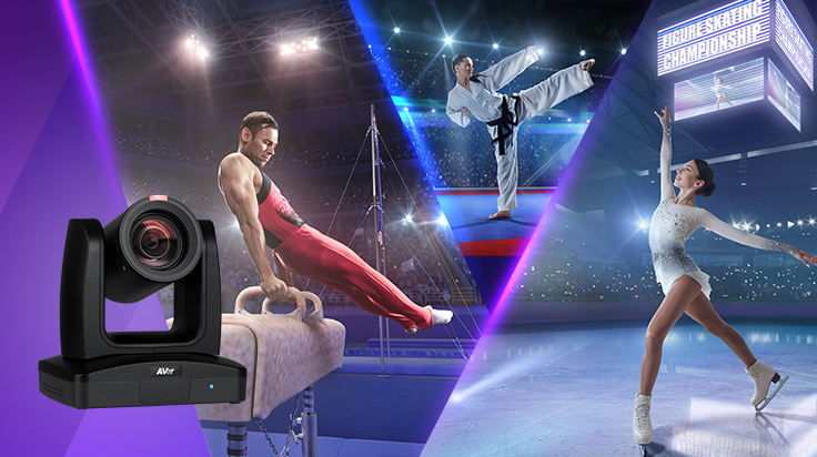 a pro av camera and people doing skating, men's gymnastics, and karate in the background